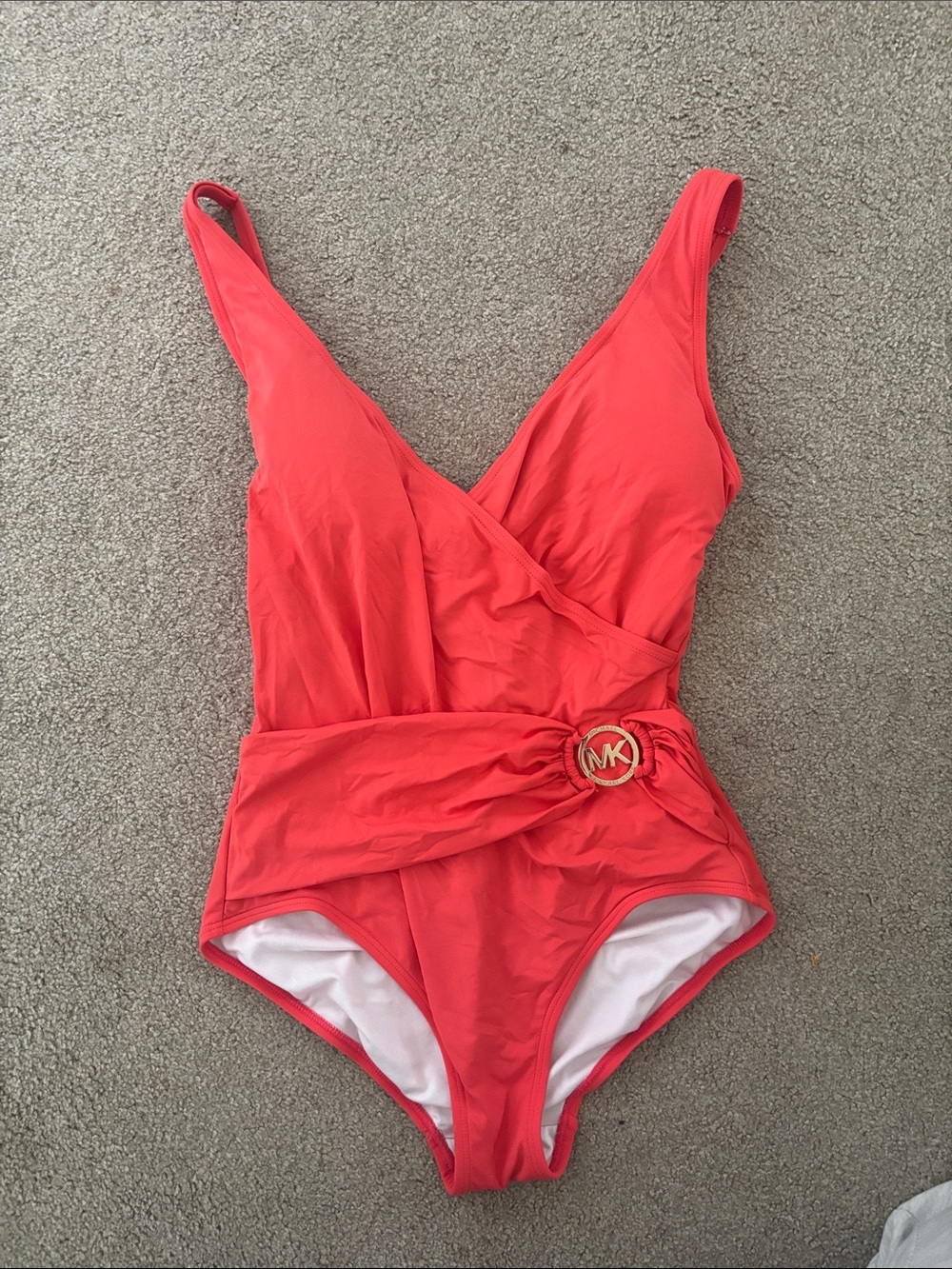 Michael Kors Coral-Pink One-Piece Swimsuit with Gold MK Buckle